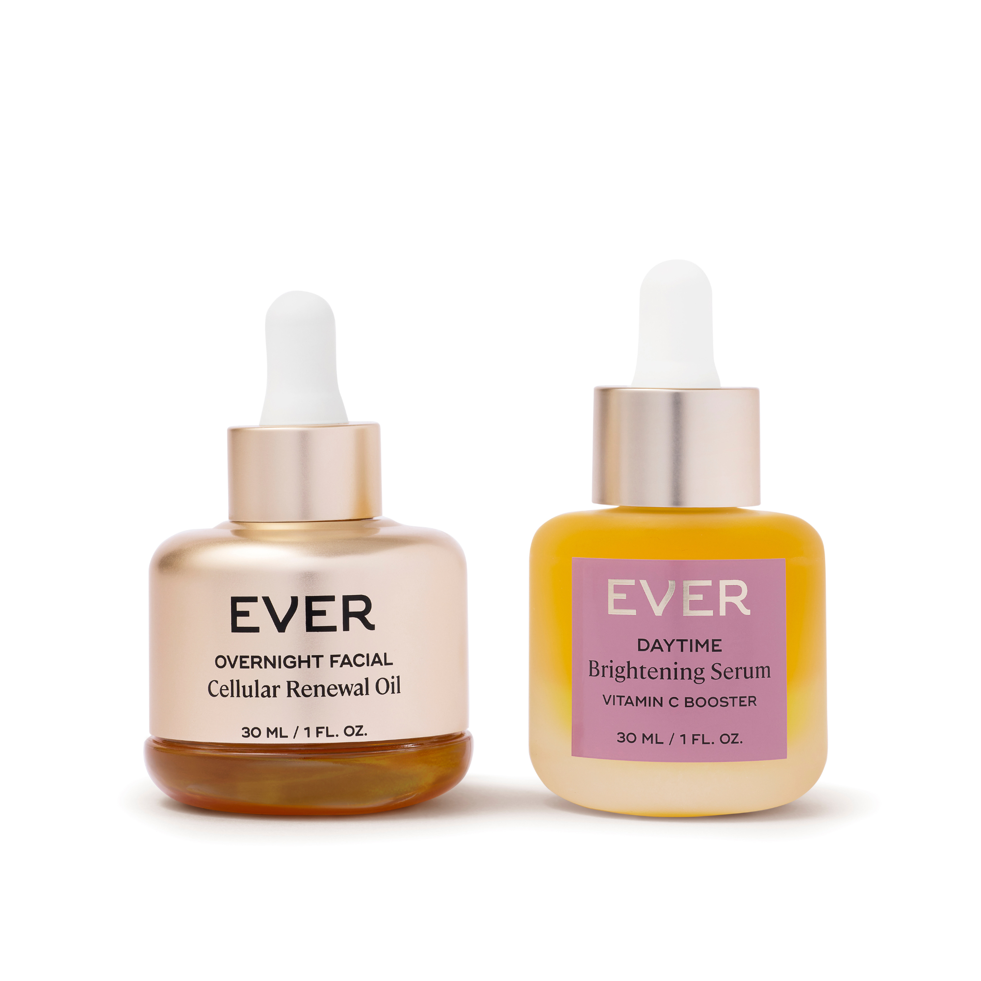 Image of Overnight Facial Renewal Oil and Daytime Brightening Serum On A White Background