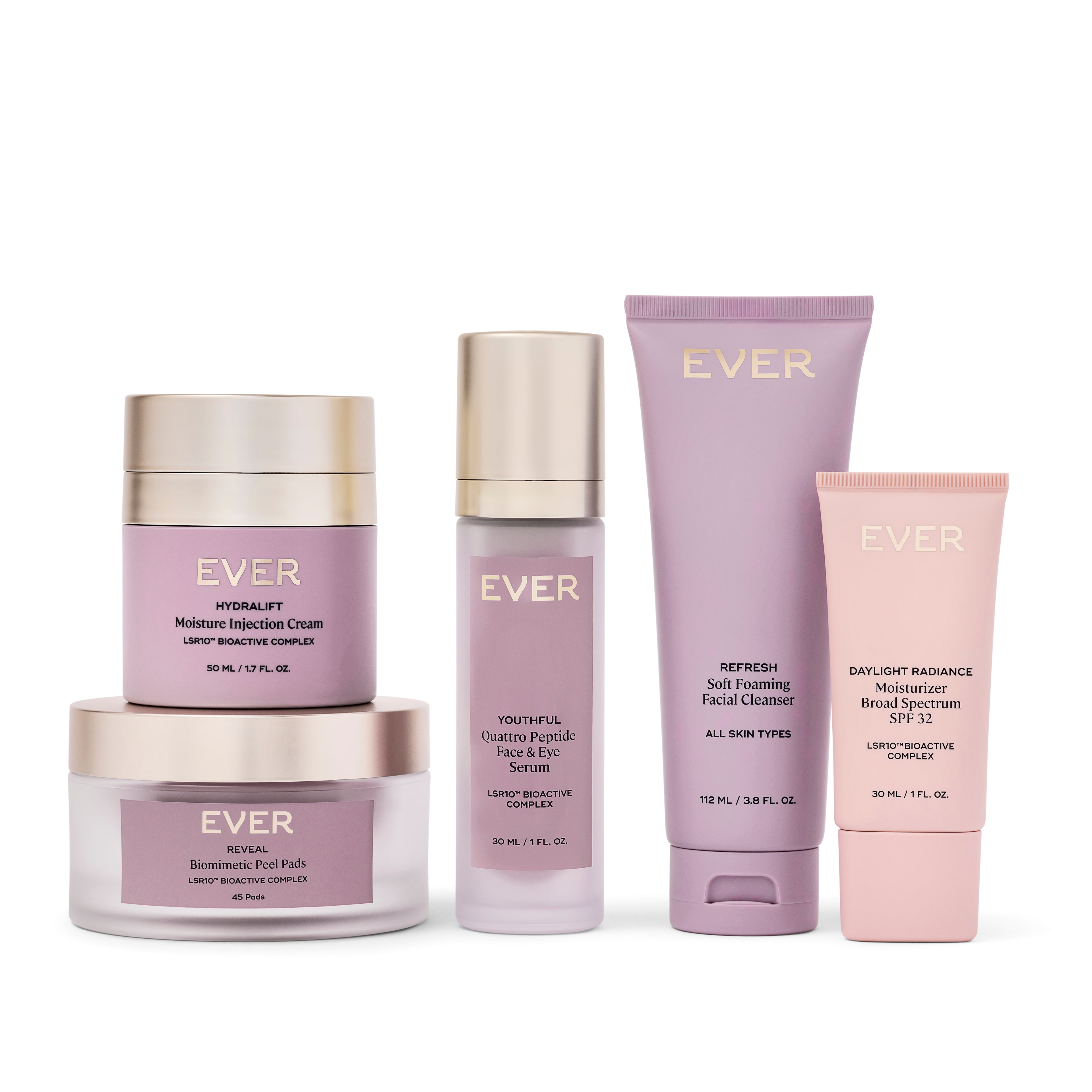 Collection of Ever skincare products on a white background